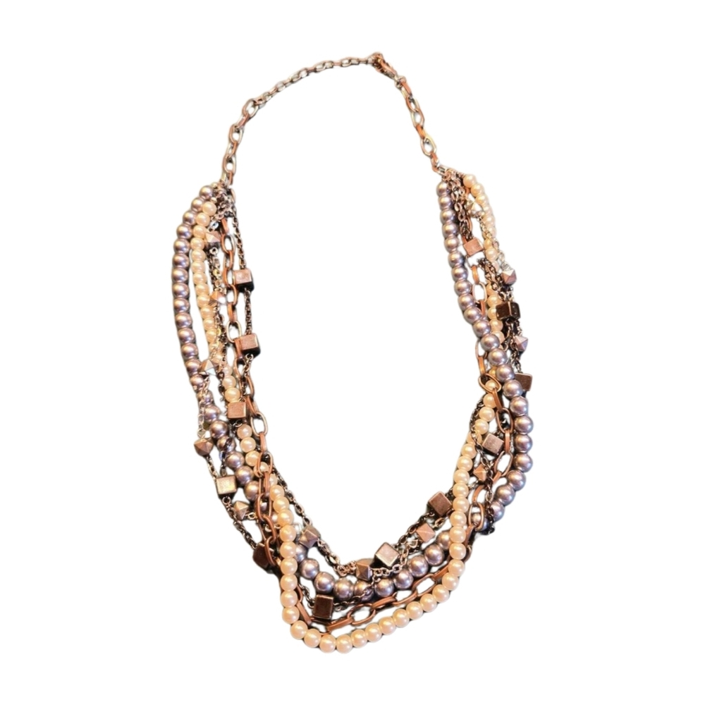 Statement Multi-Strand Pearl and Mixed Metal Chain Necklace EUC